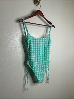 NWT Vitamin A Teal Gingham Checkered Scoop Neck One Piece Swimsuit Size Medium